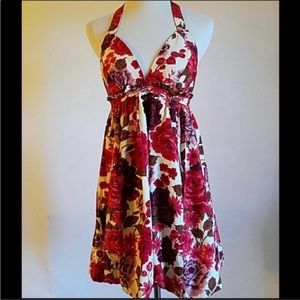 VTG Gorgeous Red Floral Print Silk Halter Bubble Hem Dress